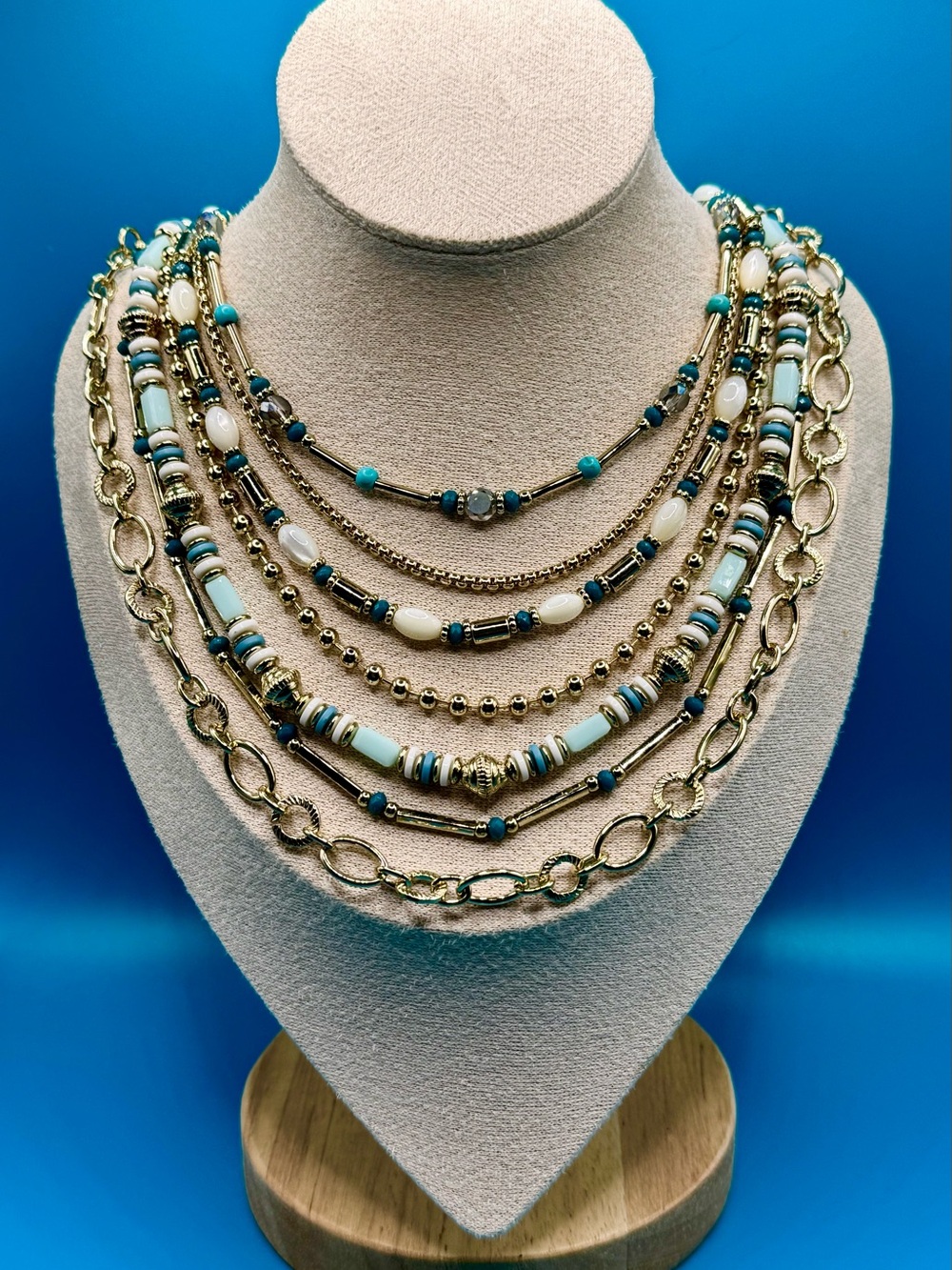 PREMIER Designs Turquoise Blue & Champagne Gold Beaded Statement Necklace
